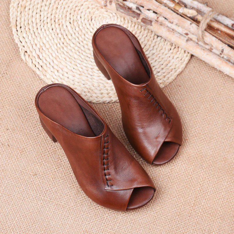 Thick-heeled Soft Leather Outer Slippers Fish Mouth Comfortable Versatile Mid-heeled Women Sandals Women's Mother's Shoes Women - Image 5