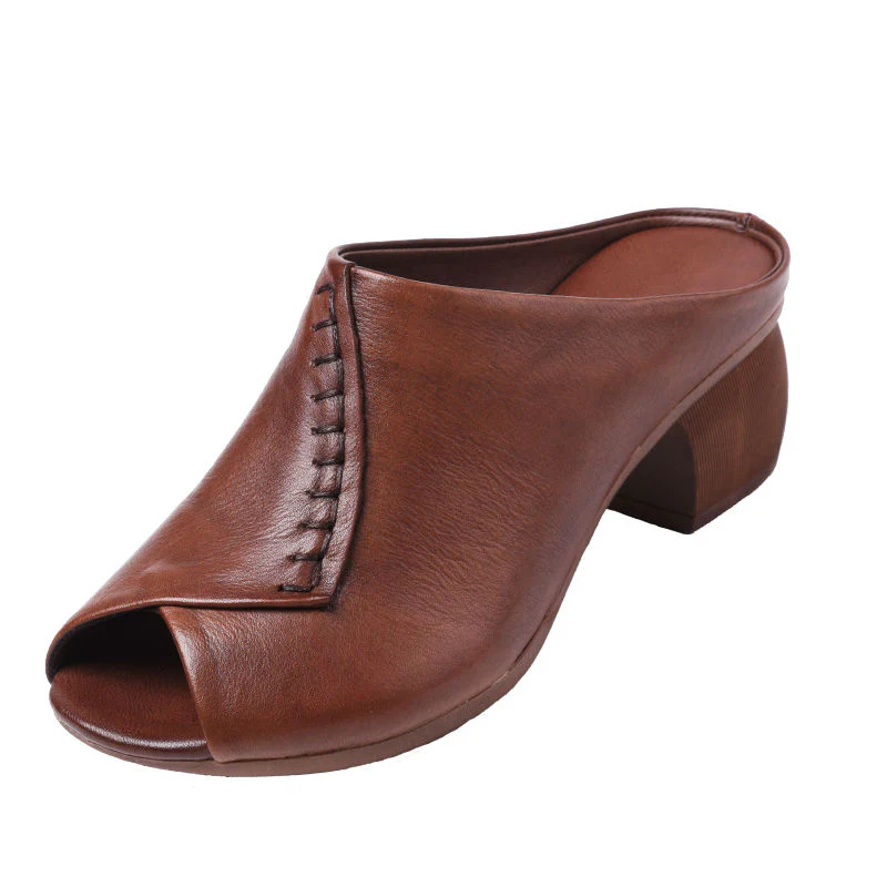 Thick-heeled Soft Leather Outer Slippers Fish Mouth Comfortable Versatile Mid-heeled Women Sandals Women's Mother's Shoes Women - Image 6