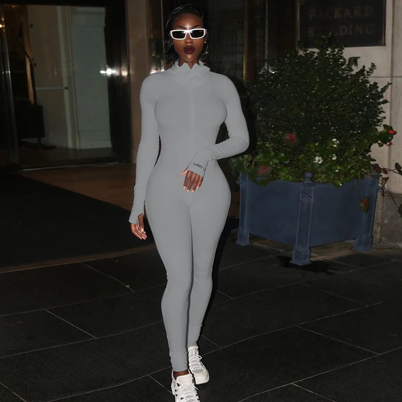 Turtleneck Knit Rib Bodycon Jumpsuit Women Embroidery Lucky Label Long Sleeve Zipper Fitness Black Grey Rompers Women Jumpsuit - Image 3