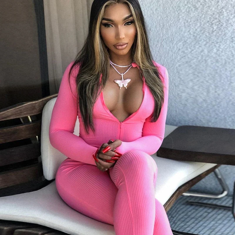 Turtleneck Knit Rib Bodycon Jumpsuit Women Embroidery Lucky Label Long Sleeve Zipper Fitness Black Grey Rompers Women Jumpsuit - Image 4