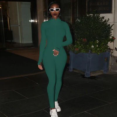 Turtleneck Knit Rib Bodycon Jumpsuit Women Embroidery Lucky Label Long Sleeve Zipper Fitness Black Grey Rompers Women Jumpsuit - Image 6
