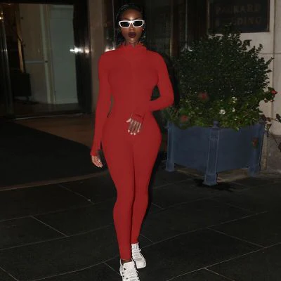 Turtleneck Knit Rib Bodycon Jumpsuit Women Embroidery Lucky Label Long Sleeve Zipper Fitness Black Grey Rompers Women Jumpsuit - Image 7