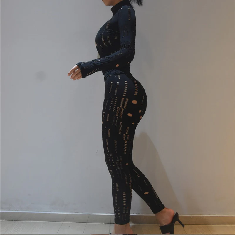Women Autumn Biker Style Two Piece Set Hollow Out Long Sleeve Turtleneck Top+Solid Sheath Stretchy Waist Female Pants - Image 3