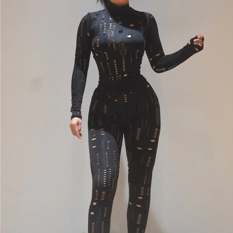 Women Autumn Biker Style Two Piece Set Hollow Out Long Sleeve Turtleneck Top+Solid Sheath Stretchy Waist Female Pants - Image 4