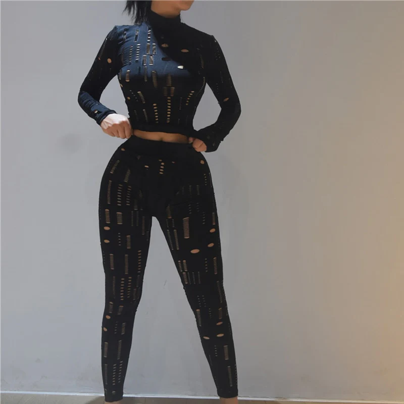 Women Autumn Biker Style Two Piece Set Hollow Out Long Sleeve Turtleneck Top+Solid Sheath Stretchy Waist Female Pants - Image 5