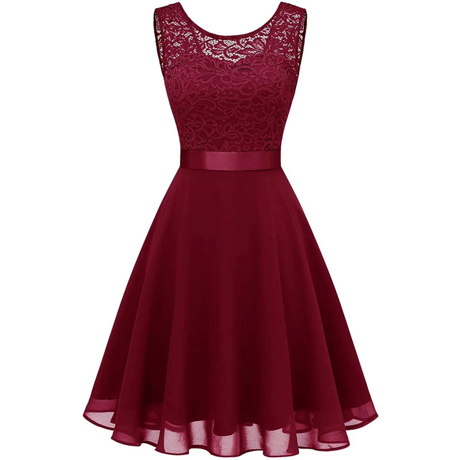 Women Sexy Lace Party Dress Fashion Female O Neck Sleeveless Loose Belt Bridesmaid Formal Dress - Image 6