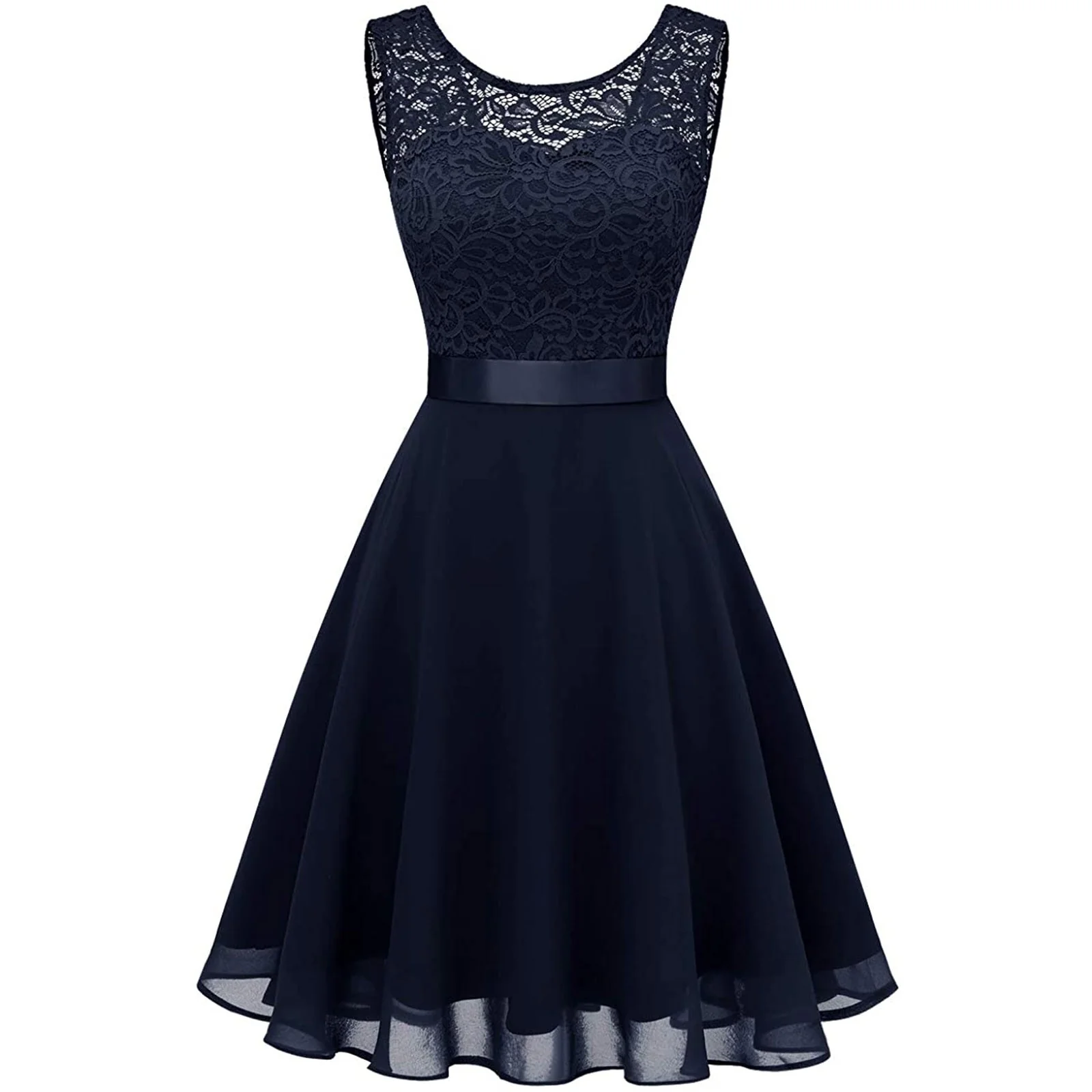 Women Sexy Lace Party Dress Fashion Female O Neck Sleeveless Loose Belt Bridesmaid Formal Dress - Image 9