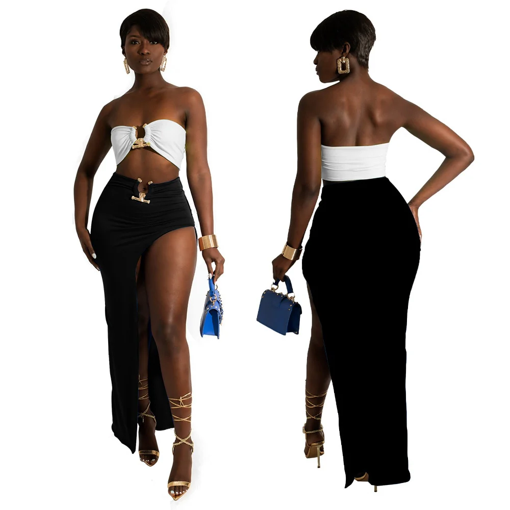 Sexy Women Skirt Suit Summer Two Piece Set Solid Strapless Sleeveless Tank Top High Slit Maxi Skirt - Image 3