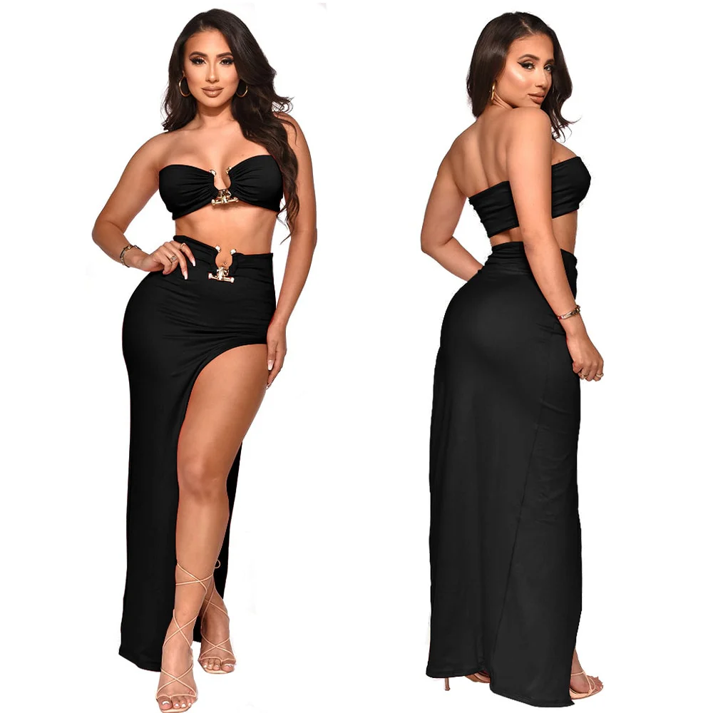Sexy Women Skirt Suit Summer Two Piece Set Solid Strapless Sleeveless Tank Top High Slit Maxi Skirt - Image 7