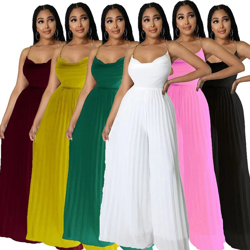 Sexy Women Solid Chiffon Jumpsutis Summer Chain Spaghetti Strap Backless Pleated Overall - Image 10
