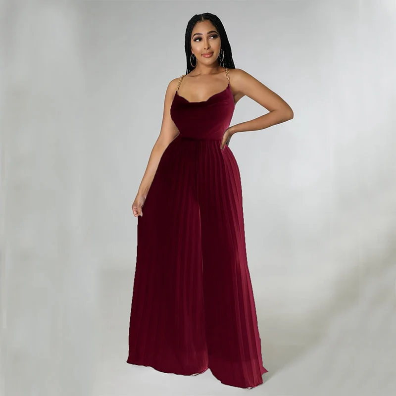 Sexy Women Solid Chiffon Jumpsutis Summer Chain Spaghetti Strap Backless Pleated Overall - Image 11