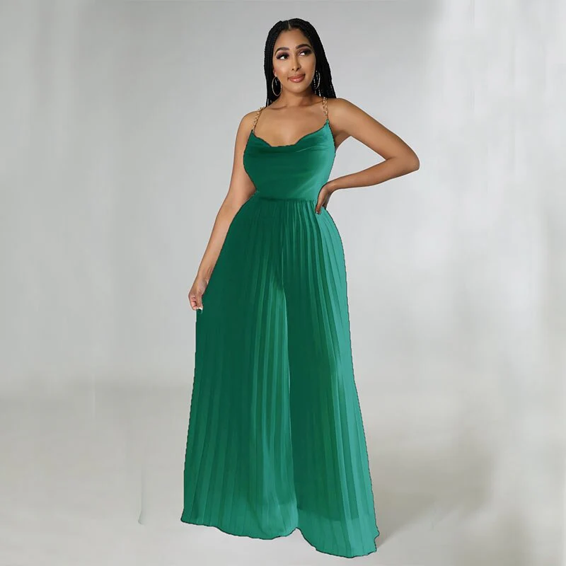 Sexy Women Solid Chiffon Jumpsutis Summer Chain Spaghetti Strap Backless Pleated Overall - Image 12