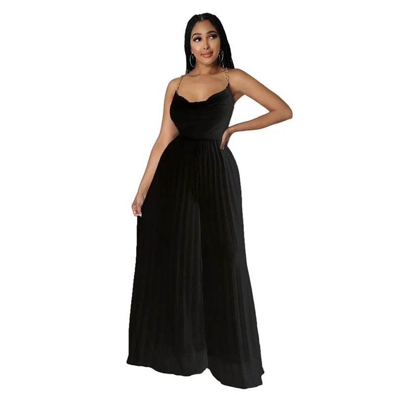 Sexy Women Solid Chiffon Jumpsutis Summer Chain Spaghetti Strap Backless Pleated Overall - Image 3