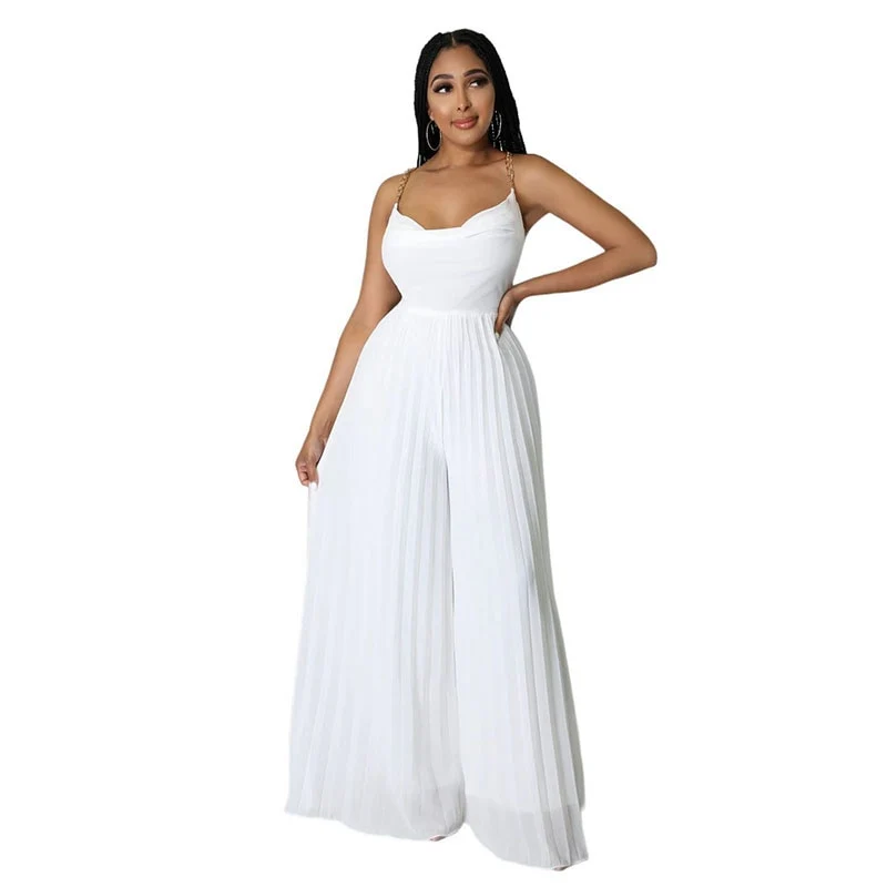 Sexy Women Solid Chiffon Jumpsutis Summer Chain Spaghetti Strap Backless Pleated Overall - Image 4