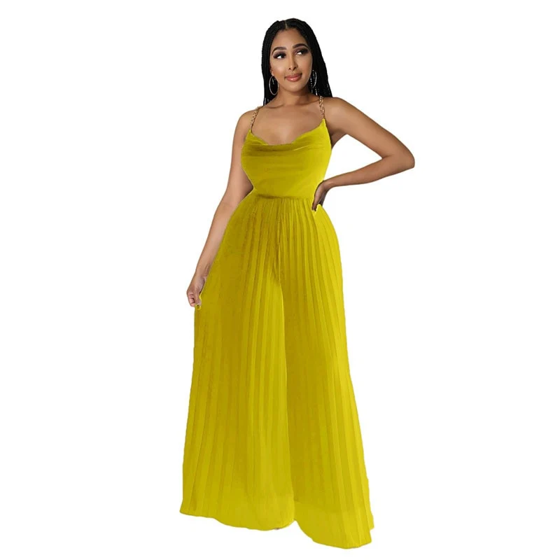 Sexy Women Solid Chiffon Jumpsutis Summer Chain Spaghetti Strap Backless Pleated Overall - Image 5