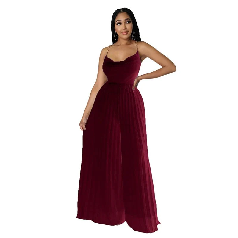 Sexy Women Solid Chiffon Jumpsutis Summer Chain Spaghetti Strap Backless Pleated Overall - Image 6