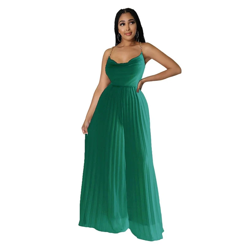 Sexy Women Solid Chiffon Jumpsutis Summer Chain Spaghetti Strap Backless Pleated Overall - Image 7