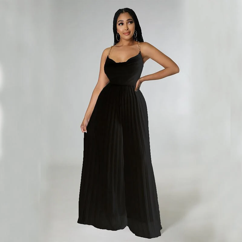 Sexy Women Solid Chiffon Jumpsutis Summer Chain Spaghetti Strap Backless Pleated Overall - Image 8