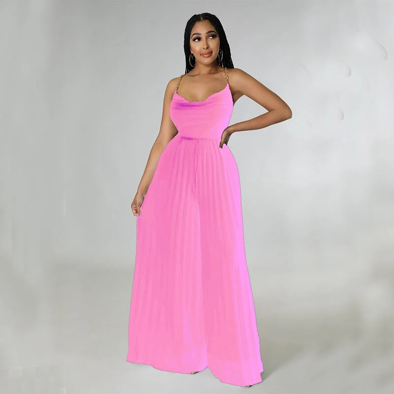 Sexy Women Solid Chiffon Jumpsutis Summer Chain Spaghetti Strap Backless Pleated Overall - Image 9