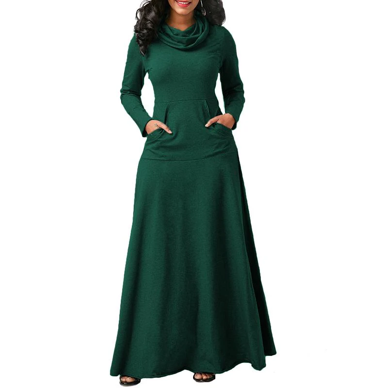 Sexy Women Warm Dress With Pocket Casual Solid Vintage Autumn Winter Maxi Dress - Image 10