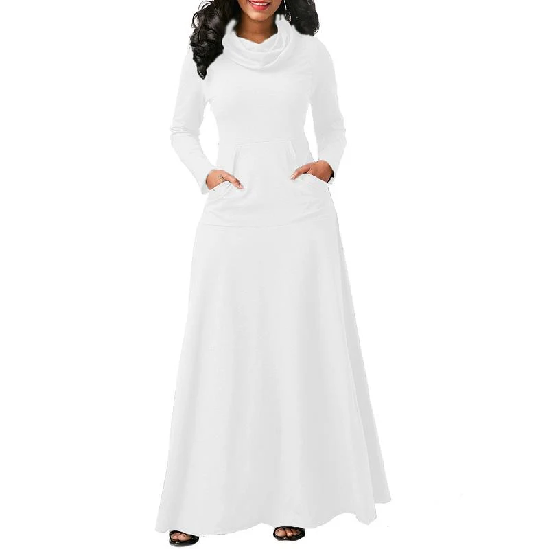 Sexy Women Warm Dress With Pocket Casual Solid Vintage Autumn Winter Maxi Dress - Image 6