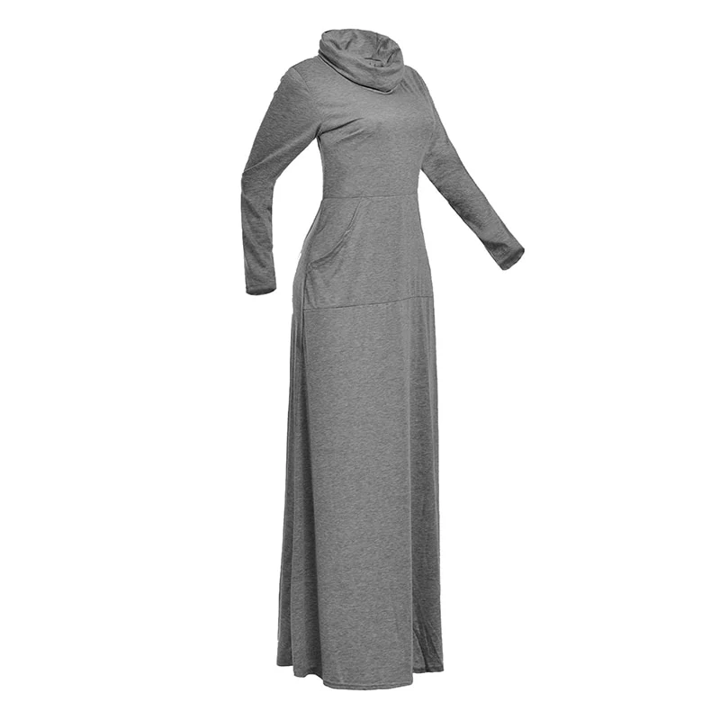 Sexy Women Warm Dress With Pocket Casual Solid Vintage Autumn Winter Maxi Dress - Image 9
